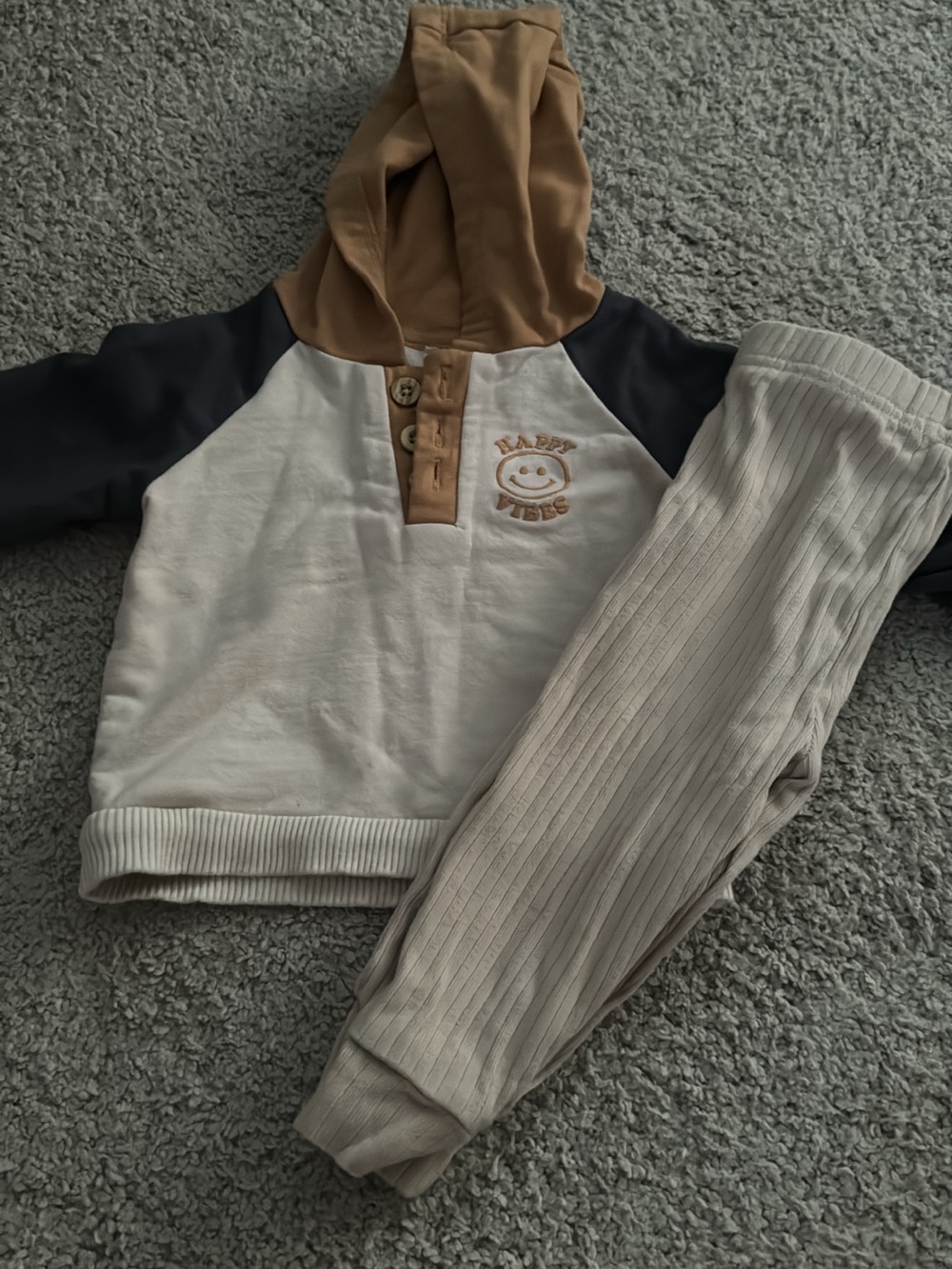 Cozy Smiley Hoodie & Ribbed Jogger Set in Cream, Tan & Black